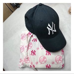 Yankees lounge/sleep pants with drawstring tie and NWT Yankee baseball hat.